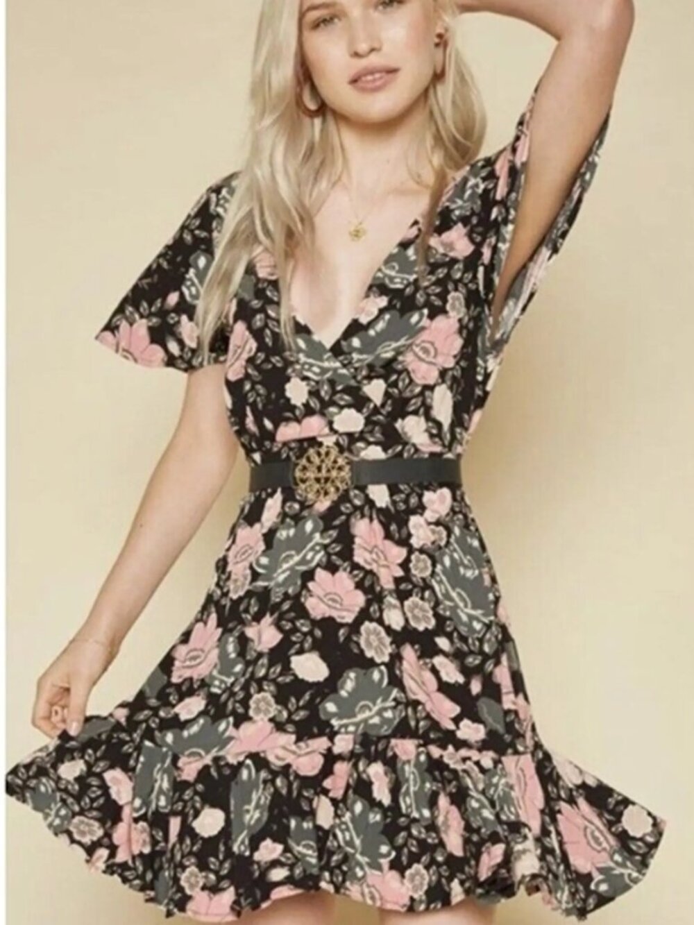 Spell & The Gypsy Winona Mini Dress Coal Floral Lace Pockets Boho Medium